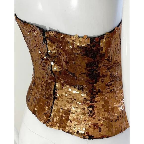 1990s OLEG CASSINI Gold/Bronze fully sequins strapless silk bustier top (L) - Picture 6 of 11